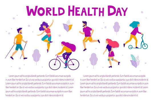 World health day vector illustration. Healthy lifestyle concept. Different physical activities.