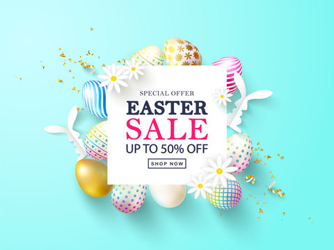 Happy Easter Sale banner.Beautiful Background with colorful eggs, paper bunnies,chamomile and golden serpentine. Vector illustration for website , posters,ads, coupons, promotional material.