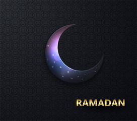 Fototapeta na wymiar Ramadan Kareem. Effect of the cut paper night sky with the embossed gold text of Ramadan . Creative design greeting card, banner, poster. Traditional Islamic holy holiday. Vector