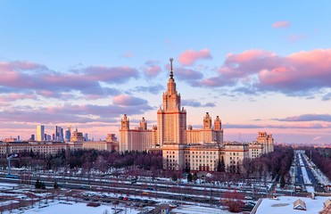 Fototapeta na wymiar Vibrant aerial panoramic view of winter campus of famous Russian university in Moscow