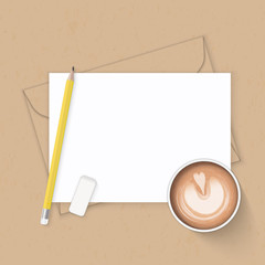Flat lay top view elegant white composition paper kraft envelope coffee yellow pencil eraser on wooden background