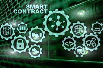 Smart Contract on modern server room background. Business Technology