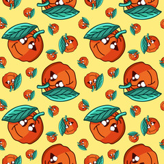 Character Orange vector seamless pattern. Funny doodle healthy food on a light background.