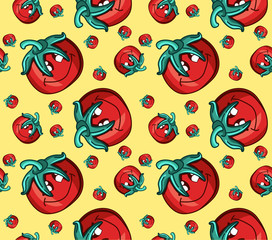 character Tomato vector seamless pattern. Funny doodle healthy food on a light background.