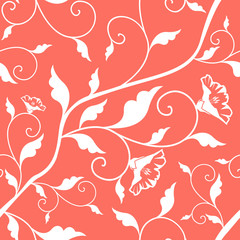 Coral Pink Vector Seamless Floral Pattern. Living Coral - 2019 Color of the Year. Leaves and flowers white texture. Repeating damask background. Wrapping paper or silk cloth.