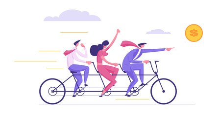 Fototapeta premium Finance Teamwork Concept. Business People Riding Tandem Bicycle. Happy Businessman and Businesswoman Characters on Bike. Successful Cooperation Leadership Metaphor. Vector cartoon illustration