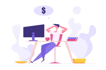 Finance Business Big Dreams Concept. Relax Businessman Character Sitting with Computer Dreaming About Money and Passive Income. Manager Office Workspace Background. Vector Cartoon illustration