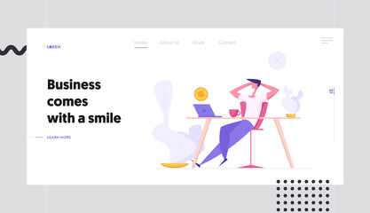 Motivational Business Success Concept with Relax Businessman Character Sitting with Laptop Dreaming about Money. Banner with Office Man Graph for Website, Web Page. Flat Vector Illustration