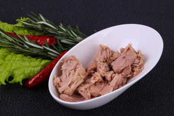 Tasty canned tuna fish in the bowl