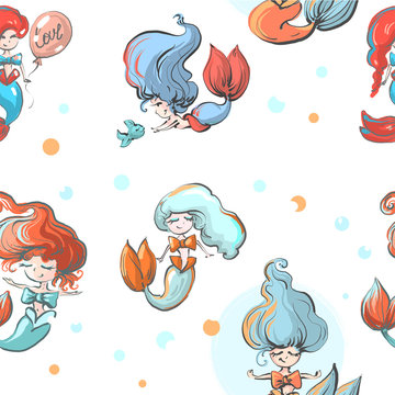 Beautiful seamless pattern with cute mermaid girls and fish on white