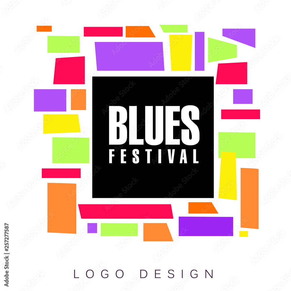 Sticker Blues festival logo template, creative banner, poster, flyer design element for musical party celebration vector Illustration