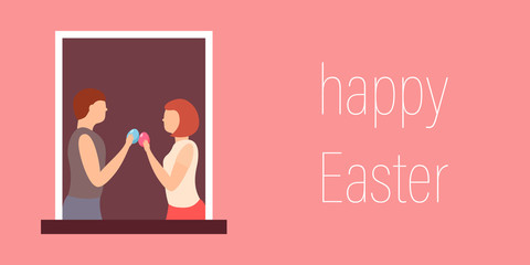 Easter card, vector illustration. man and girl with colored eggs.