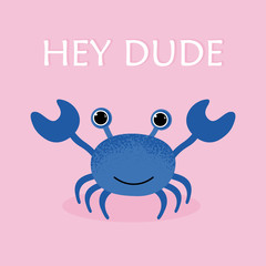 Vector Illustration. Cartoon blue crab icon in modern flat style. Ocean animal character. Isolated crab. Hey dude