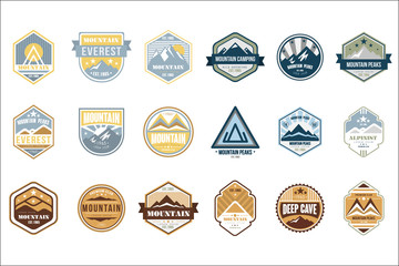 Mountain camping logo set, alpinist, mountain peaks, deep cave retro vintage style emblems and badges vector Illustrations on a white background