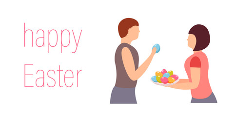 Easter card, vector. family, man and woman with colored eggs.