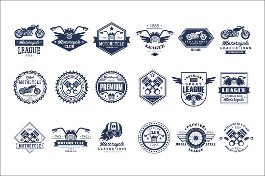 Motorcycle club logo template set, sport league retro vintage style emblems and badges vector Illustrations on a white background
