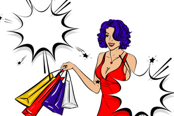 Pop art woman retro girl happy face