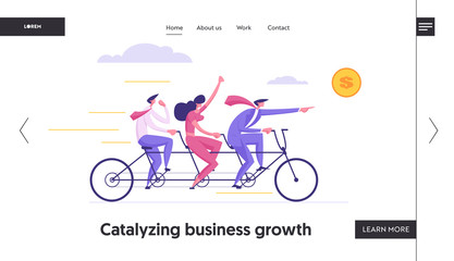 Financial Business Success Concept with People Characters Cycling to Dollar Sign, Showing Profit. Teamwork Banner with Man and Woman Finance Graph for Website, Web Page. Flat Vector Illustration