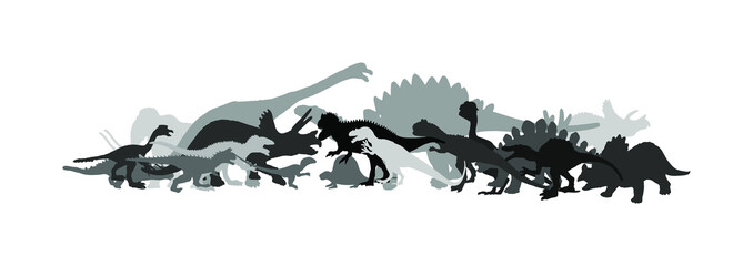 Dinosaurs large collection. T Rex vector silhouette isolated on white background. Tyrannosaurus shadow symbol. Jurassic era. Dino sign. Triceratops, Stegosaurus, Brachiosaurus, Pteranodon, Spinosaurus © dovla982