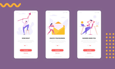 Modern Business Concept Mobile App Page Screen Set. People Characters as Man Holding Arrow Going Up, Woman with Envelope and Relax Businessman for Website Web Page. Flat Cartoon Vector Illustration