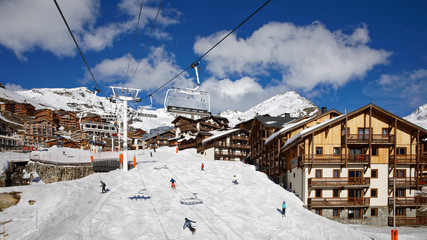 Val Thorens, France - March 7, 2019: Val Thorens is the highest ski resort in Europe at an altitude of 2300 m.
