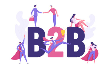 B2B, Business to Business Partnership Collaboration Concept. Business People Characters Businessman, Superhero for Website, Presentation, Flyer, Poster. Flat Cartoon Vector Illustration