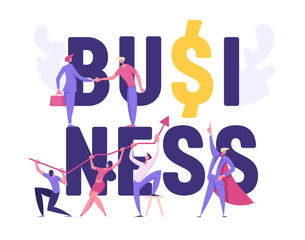 Business Profit Concept Banner. Dollar Sign with Business People Characters, Superhero, Man and Woman with Arrow for Web, Presentation, Flyer, Poster Vector Flat Cartoon Illustration