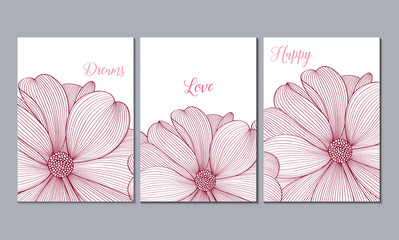A set of 3 canvases for wall decoration in the living room, office, bedroom, kitchen, office. Home decor of the walls. Floral background with flowers of lily. Element for design.