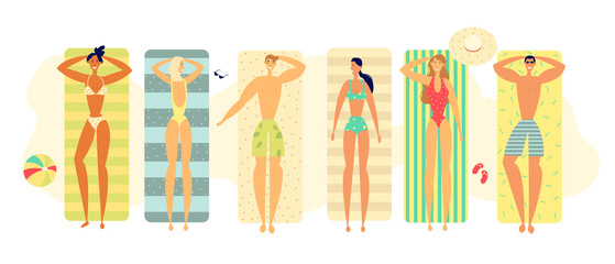 Summer Happy Relax Lifestyle Concept with People Characters Sunbathing on the Beach Carpets. Top View of Lying Men and Women for Vacation Website, Web Page. Flat Vector Illustration