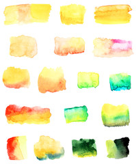 Set of yellow bright watercolor painted design elements - collection of gradient colorful design elements shaped as banners