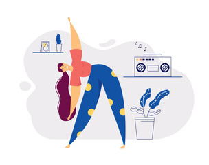 Home Exercises Positive Healthy Lifestyle Concept with Girl Character Doing Aerobic Modern Dance at Home with Music. Interior Banner for Female Relaxing for Website, Web Page. Flat Vector Illustration