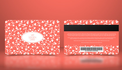 Vector template of membership or loyalty coral pink VIP card with elegant white floral pattern. Red gift or discount bright plastic card. Living coral - color of the year 2019