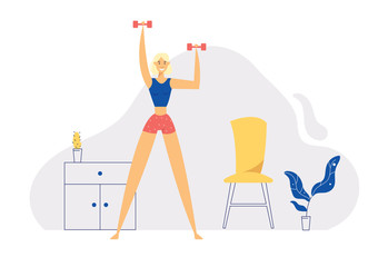Home Exercises Positive Healthy Lifestyle Concept with Smiling Girl Character Doing Aerobic with Dumbbells at Home. Interior Banner for Female Relax for Website, Web Page. Flat Vector Illustration