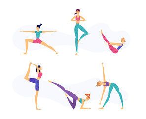 Female Yoga Healthy Lifestyle Concept with Women Characters in various poses of yoga. Asanas Set Banner Girl Practicing Movements Graph for Classes Website, Studio Web Page. Flat Vector Illustration