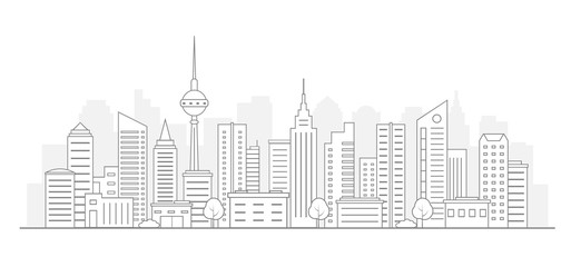 Modern urban landscape. City life illustration with house facades and other urban details. Line art. Vector.