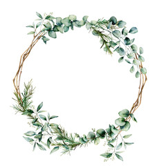 Watercolor eucalyptus branch wreath. Hand painted eucalyptus branch and leaves isolated on white background. Floral illustration for design, print, fabric or background. © yuliya_derbisheva