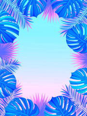 Fototapeta na wymiar Exotic tropical frame with jungle plants, palm leaves, monstera and place for your text. Nature background. Vector tropic design. Trendy bright gradient colors. Travel, spring, summer, vacation card.