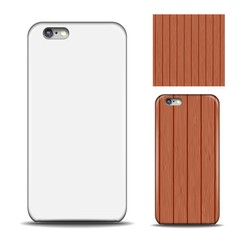 Phone cover. Reverse side of smartphone. Wood texture pattern for design. Mock up with an example. isolated on white background.