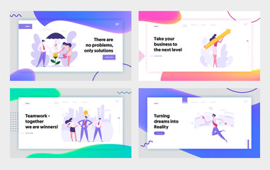 Financial Growth, Business Success Concept Landing Page Set. People Characters with Arrow, Money Tree, Virtual Reality and Creative Cooperation Teamwork for Website, Web Page. Flat Vector Illustration