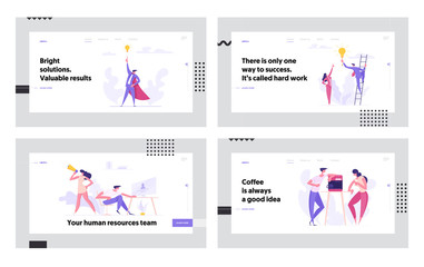 Obraz na płótnie Canvas Creative Social Business Success Concept Landing Page Set. People Characters at Coffee Break, Hiring, Creative Cooperation, New Solution and Idea Bulb for Website, Web Page. Flat Vector Illustration