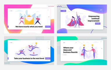 Obraz na płótnie Canvas Creative Cooperation Progressive Business Success Concept Landing Page Set. People Characters with Envelope, Team Spirit, Development and Agreement for Website, Web Page. Flat Vector Illustration