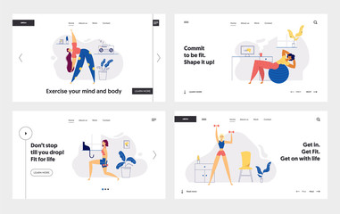 Obraz na płótnie Canvas Healthy Lifestyle Fitness Landing Page Template Set. Sport and Home Exercise Concept with Active Woman Character Doing Yoga, Athletic for Website, Web Page, Banner. Vector illustration
