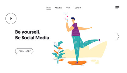 Social Media Network Concept Landing Page Template. Male Character Chatting Using Smartphone Skateboarding. Man Sending Message with Mobile Phone for Website, Web Page, Banner. Vector illustration