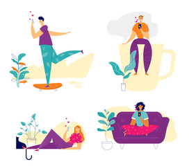 Obraz premium Young People Chatting in Social Network via Smartphone. Characters Using Mobile Phone for Virtual Relationships Communication Concept. Vector flat illustration