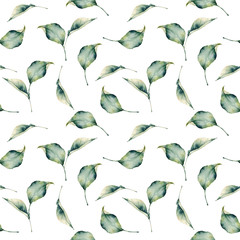 Watercolor leaves composition seamless pattern. Hand painted leaves isolated on white background. Floral illustration for design, print, fabric or background.