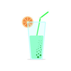 Glass of drinks icon, cocktail with straw, orange, lemon isolated on white background. Soda, juice with ice. Organic health food. Vector flat design