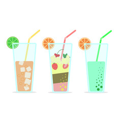 Set of glass of drinks icon, cocktail with straw, orange, lemon isolated on white background. Soda, juice with ice. Organic health food. Vector flat design