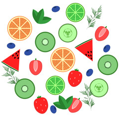 Set of fruits isolated on white background. Blueberry, orange, lime, mint, kiwi, strawberry, rosemary, cucumber, watermelon. Vegan, organic healthy food. Diet concept. Vector flat illustration.