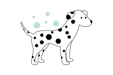 Isolated vector Dalmatian dog. White puppy with black spots. Blue bubbles on the background. Isolated Pet standing on four legs.