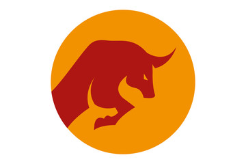 Traditional Red Spanish bull silhouette on the orange sun circle. Corrida symbol